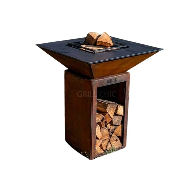 Brasero Cévenol Carré CORTEN Bois 103 x 103 x 90 cm - GRILL CHIC