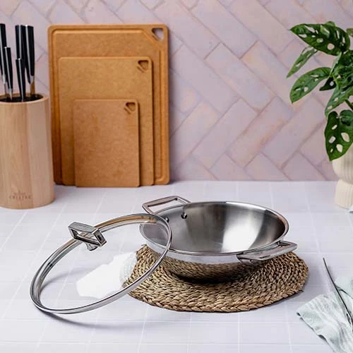 Wok Inox Castel'Pro anses fixes et couvercle inclus - CRISTEL