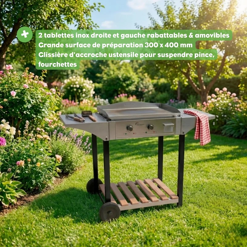 Chariot pour Plancha Aquitaine Pro, Inox et Bois
