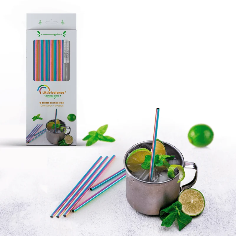 6 pailles Inox, Arc-en-ciel + goupillon