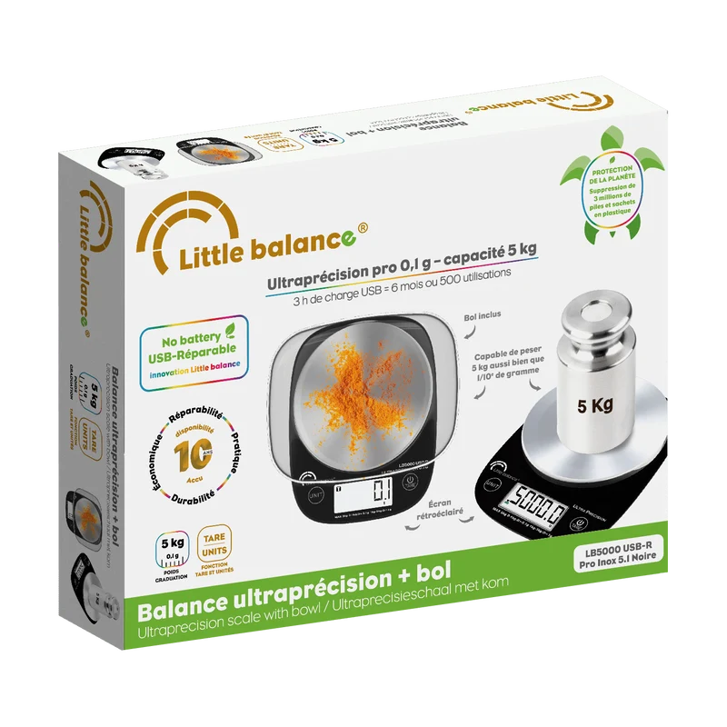 Balance de cuisine Pro Inox 5.1 Ultraprécision Noire, Sans pile USB, Avec bol
