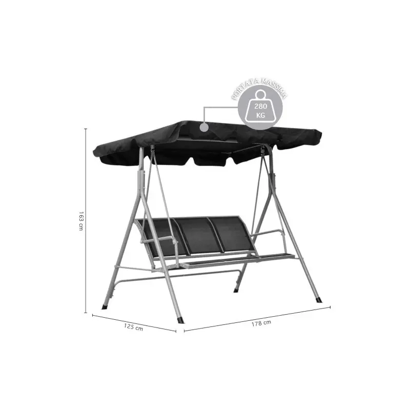 Dondolo da giardino 3 posti con tetto parasole cm 178x125x165h
