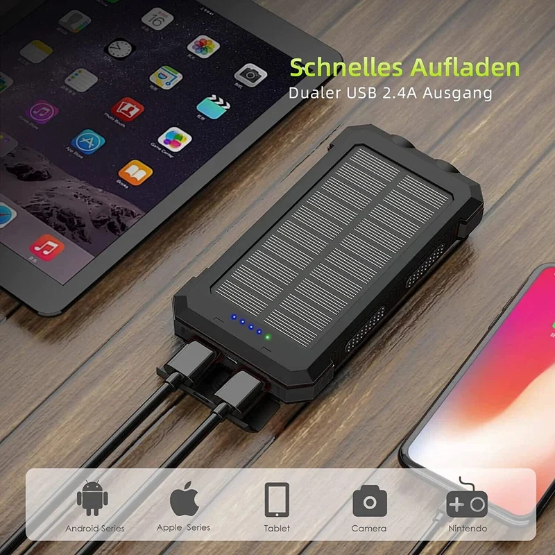 30000mAh Solar Powerbank Akku LED Kompass 2USB Wasserdicht Outdoor DE