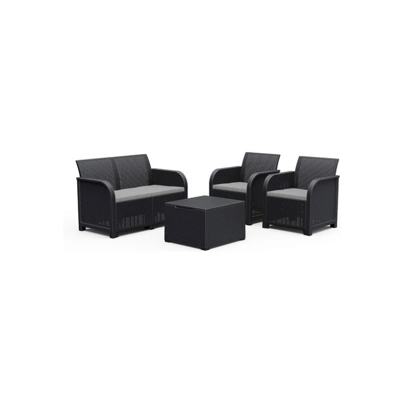 Ensemble de salon effet rotin anthracite Keter Rosalie composé d'un canapé, d'une table basse et de deux fauteuils