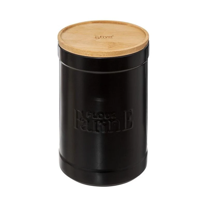 Pot à farine noir avec couvercle en bambou