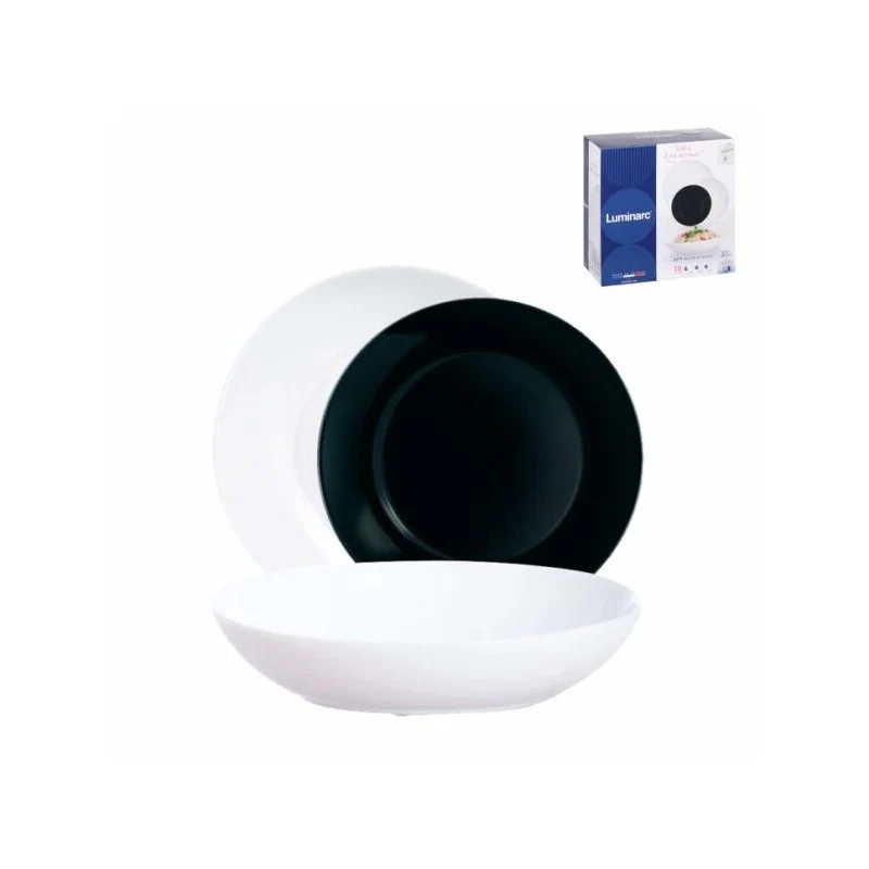 Service d'assiettes Luminarc Apy 18 pièces noir et blanc en verre trempé