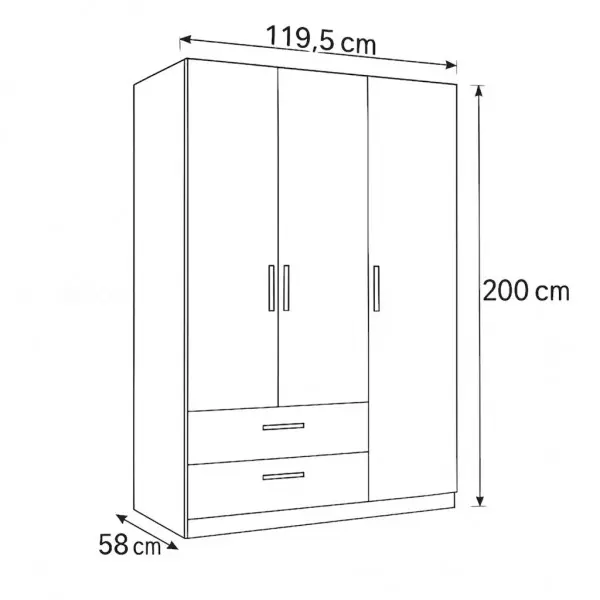 Armoire 3 portes et 2 tiroirs 122x58 cm blanc