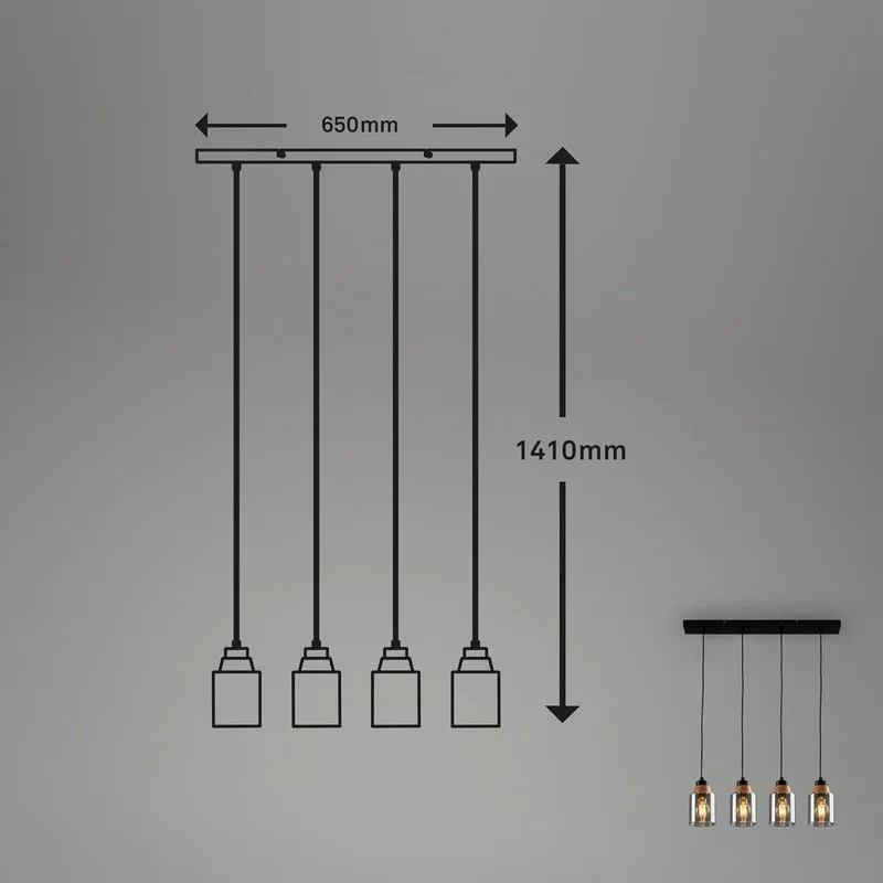 Briloner suspension Royk 4xe27 65 cm verre fumé noir 65 x 9,5 x 120 cm
