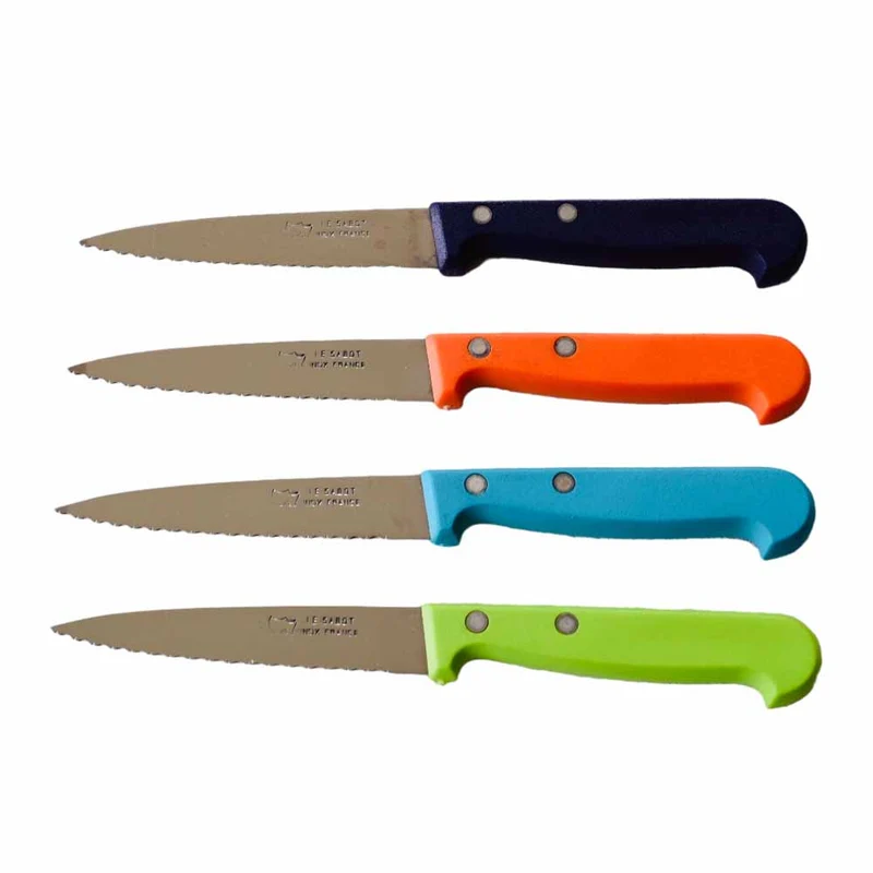 Coffret 4 Couteaux d'Office à lame crantée avec Manches Plastique de Couleur - Au Sabot