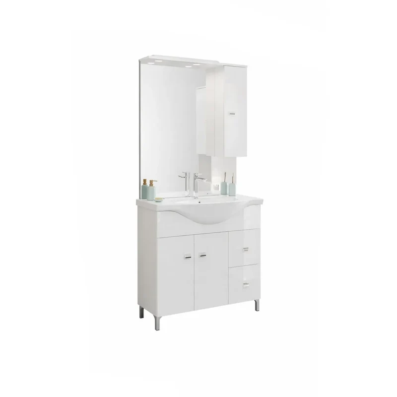 Meuble de salle de bain avec 2 portes et 2 tiroirs avec lavabo de 86 cm et miroir avec élément mural droit