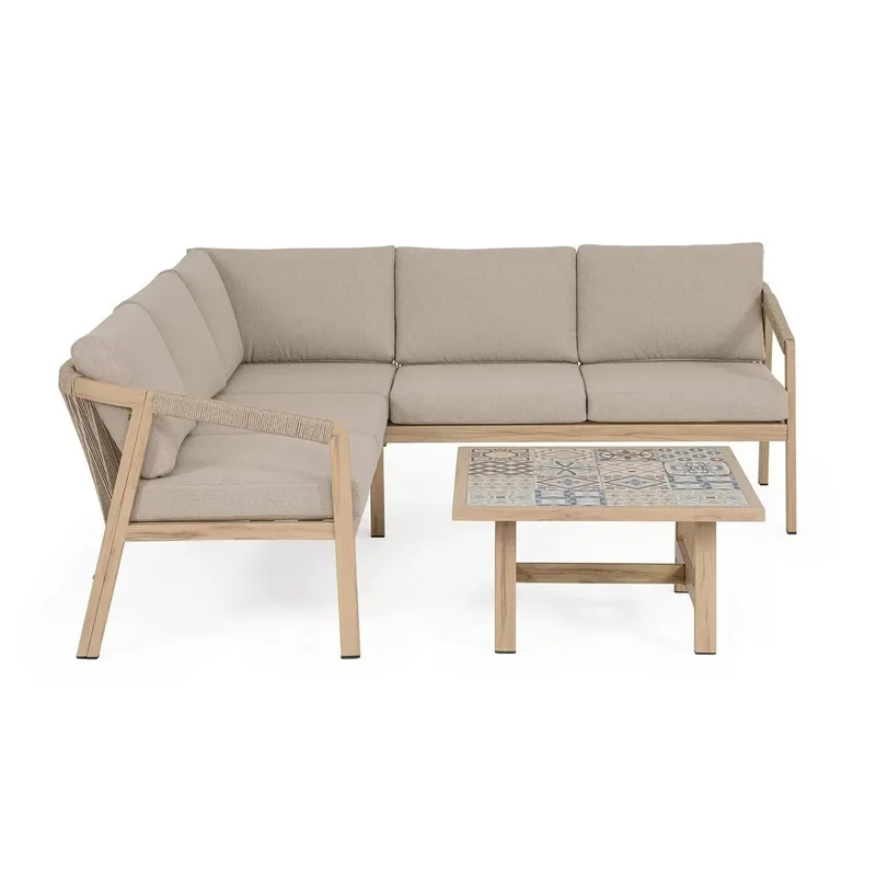 Salon d'angle Bizzotto Kalimera Desert en aluminium effet bois avec table basse