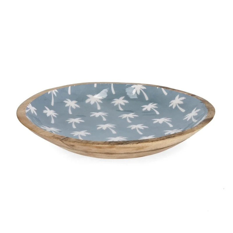 Bol bas bleu clair Bizzotto Keran Ø38x6,5h à décor de palmiers en bois de manguier