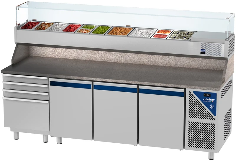 Table à pizza positive 0/+10°C - 606 L - 3 portes pleines - Prof. 800 - 600 x 400 - 4 tiroirs - PZ8034T14-3 - Dalmec