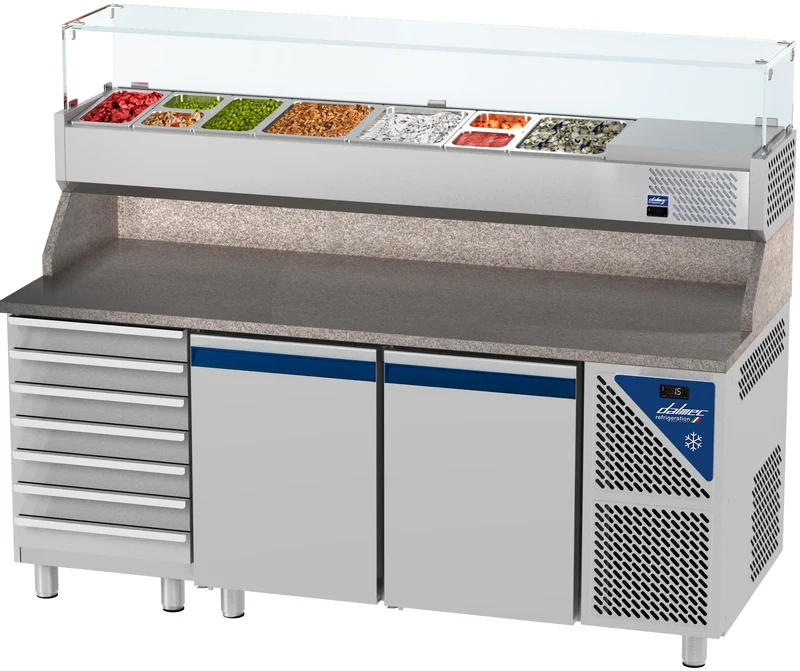 Table à pizza positive 0/+10°C - 396 L - 2 portes pleines - Prof. 800 - 600 x 400 - 7 tiroirs - PZ8027T14-3 - Dalmec
