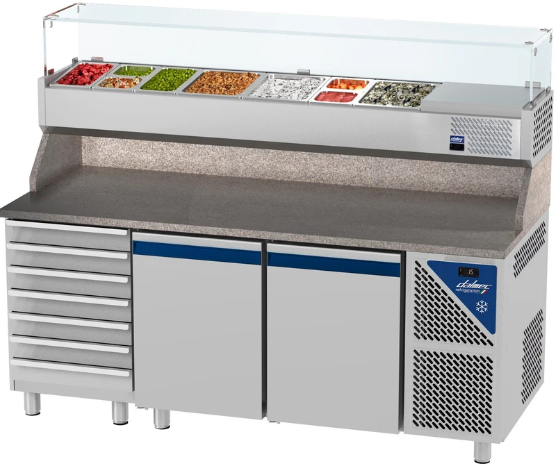 Table à pizza positive 0/+10°C - 396 L - 2 portes pleines - Prof. 800 - 600 x 400 - 7 tiroirs - PZ8027T13-3 - Dalmec