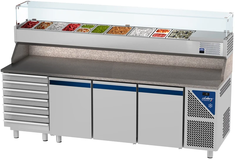 Table à pizza positive 0/+10°C - GN 1/1 - 460 L - 3 portes pleines - Prof. 700 - 7 tiroirs - PZ7037T14-3 - Dalmec
