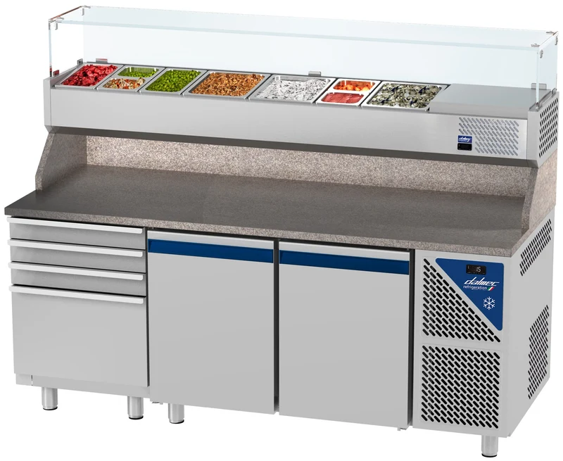Table à pizza positive 0/+10°C - GN 1/1 - 300 L - 2 portes pleines - Prof. 700 - 4 tiroirs - PZ7024T14-3 - Dalmec