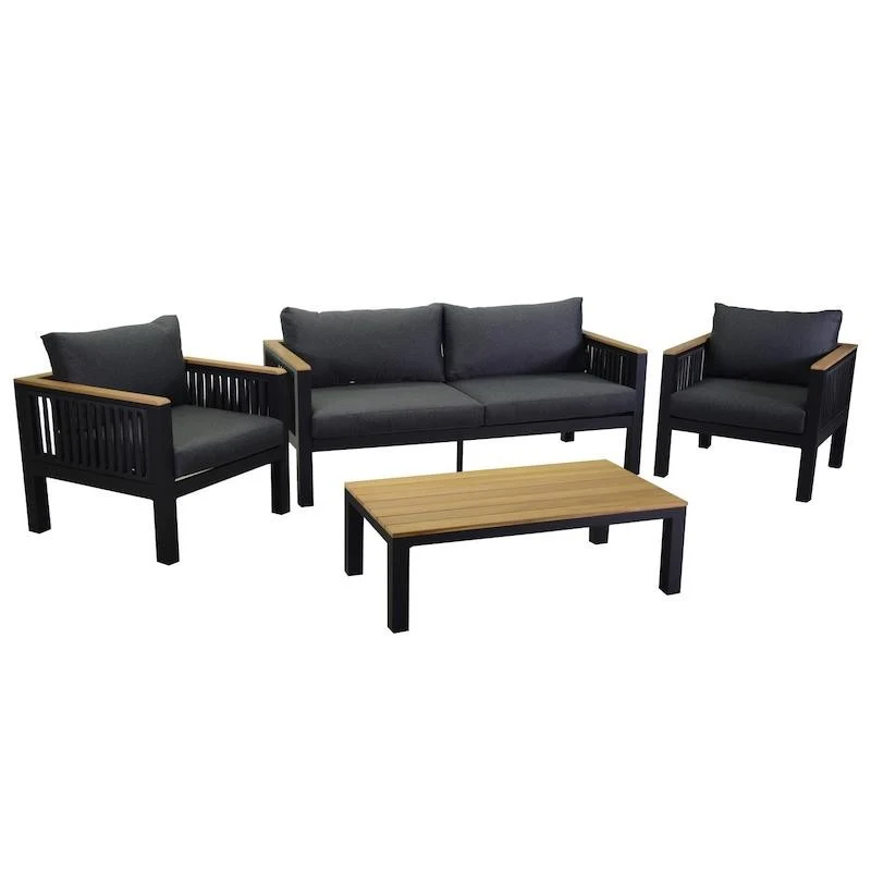 Salon Idaho Pozzo 2P en aluminium anthracite avec coussins anthracite et table en bois