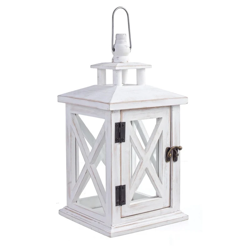 Lanterne blanche 17x17x33 cm en bois et verre