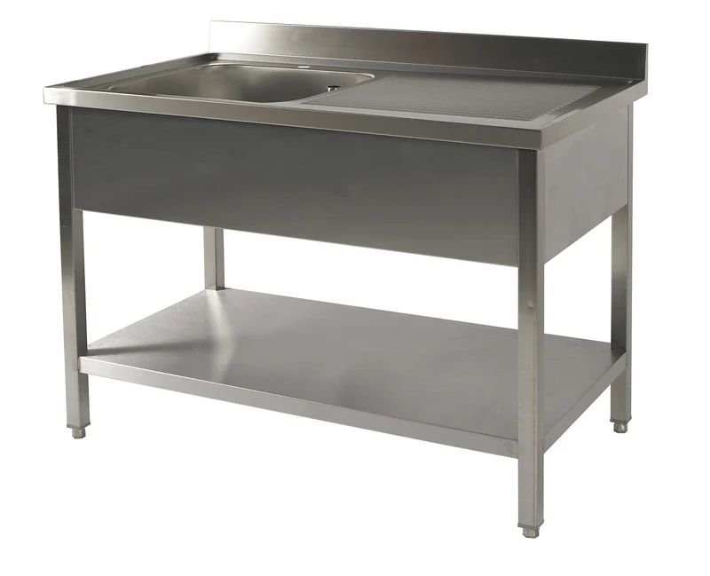 Table du chef adossée inox avec étagère profondeur 700 mm - Bac à gauche - Longueur 1600 mm - TACFG716ET - Nosem