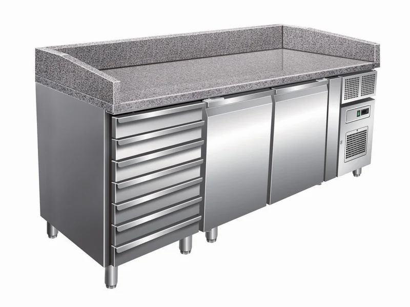 Table à pizza positive +2/+8°C - 2 portes + 7 tiroirs à patons - 427 litres - Dessus granit - Prof. 800 mm - PZ2610TN - Nosem