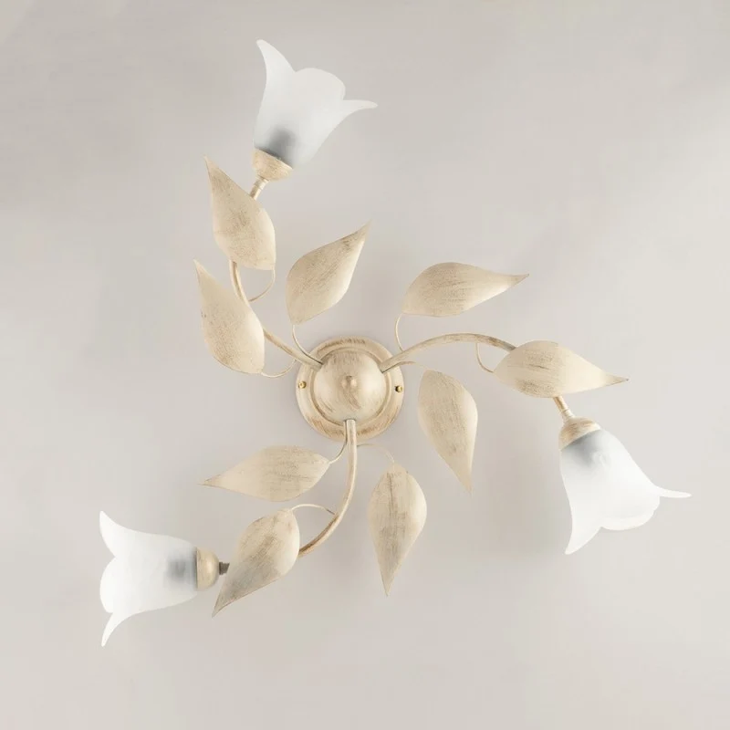 Plafonnier en fer Ivoire Or à trois lumières en verre Albâtre Blanc 67x h20 cm