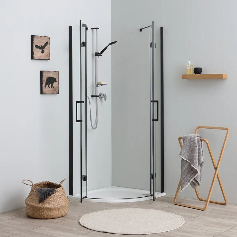 Paroi de douche semi-circulaire 90x90 avec ouverture battante noire