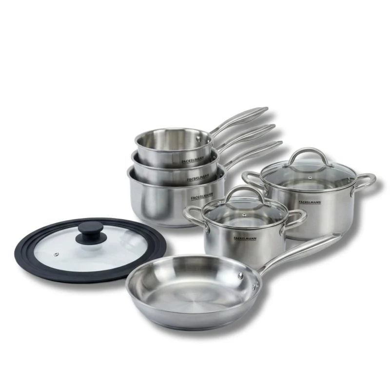 Poêle à Frire 28 cm, Casseroles 14 et 18 cm, Faitouts 20 24 cm inox 18/10 Triply et couvercle Fackelmann Vita3