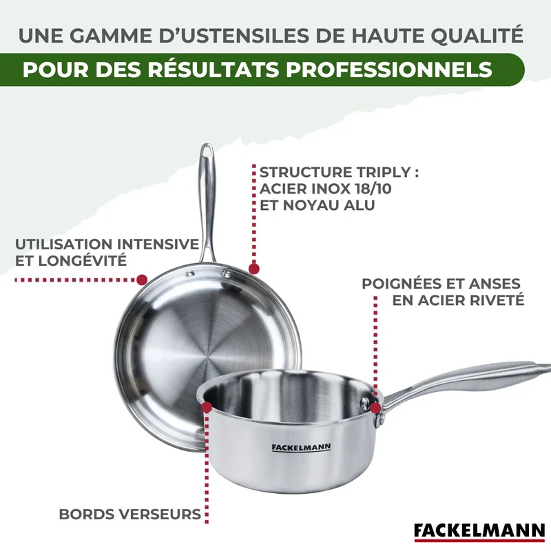 Batterie de cuisine avec 1 poêle 20 cm et 2 casseroles 14/18 cm avec 1 couvercle de cuisson universel sans PFAS Fackelmann Vita3