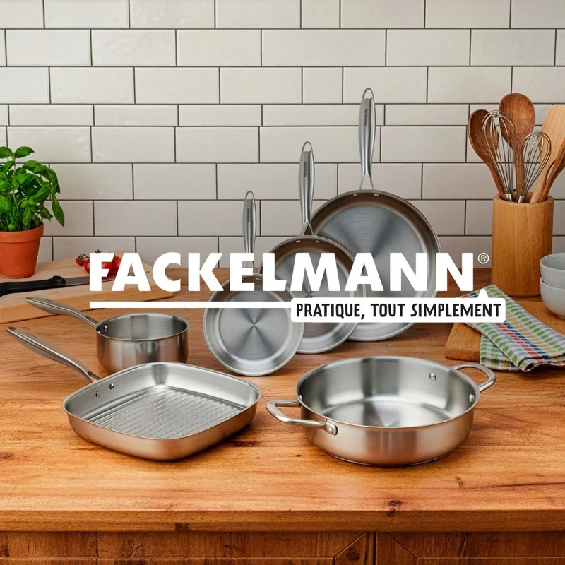 Batterie de cuisine avec 1 poêle de cuisson 28 cm et 2 casseroles 14/18 cm en inox sans PFAS Fackelmann Vita3
