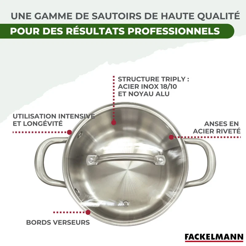 Batterie de cuisine avec 2 faitouts 20/24 cm en inox sans PFAS Fackelmann Vita3