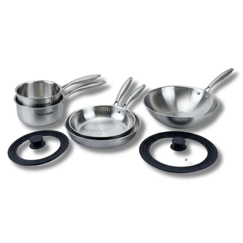 Poêles à Frire 24 et 28 cm, Casseroles 14 et 18 cm, Wok 28 cm inox 18/10 Triply et 2 couvercles Fackelmann Vita3