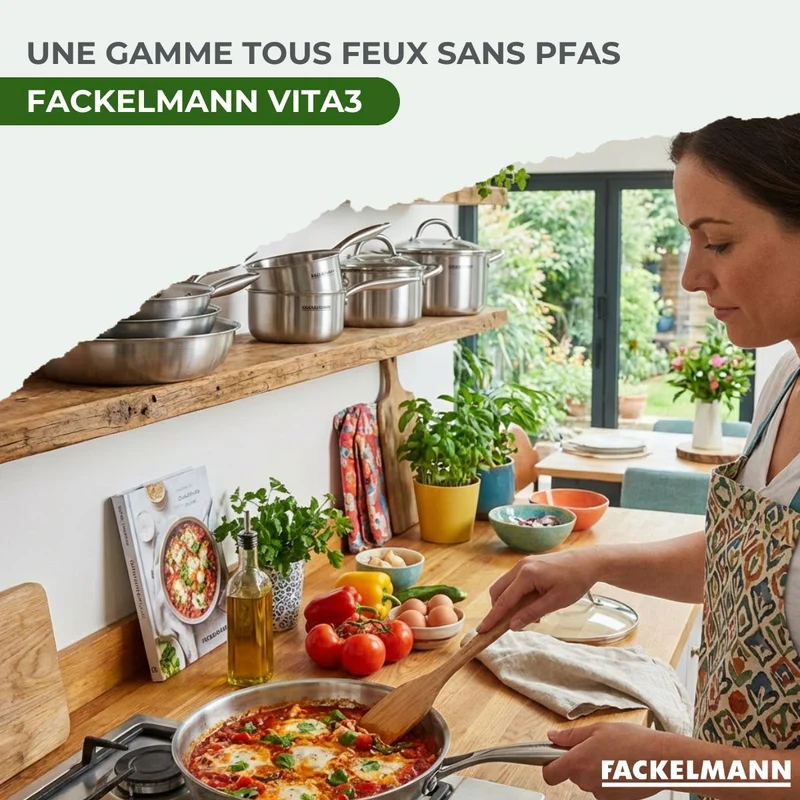 Batterie de cuisine avec 2 casseroles 14/18 cm 1 faitout 20 cm 2 poêles 24/26 cm et 2 ustensiles de cuisine sans PFAS Fackelmann Vita3
