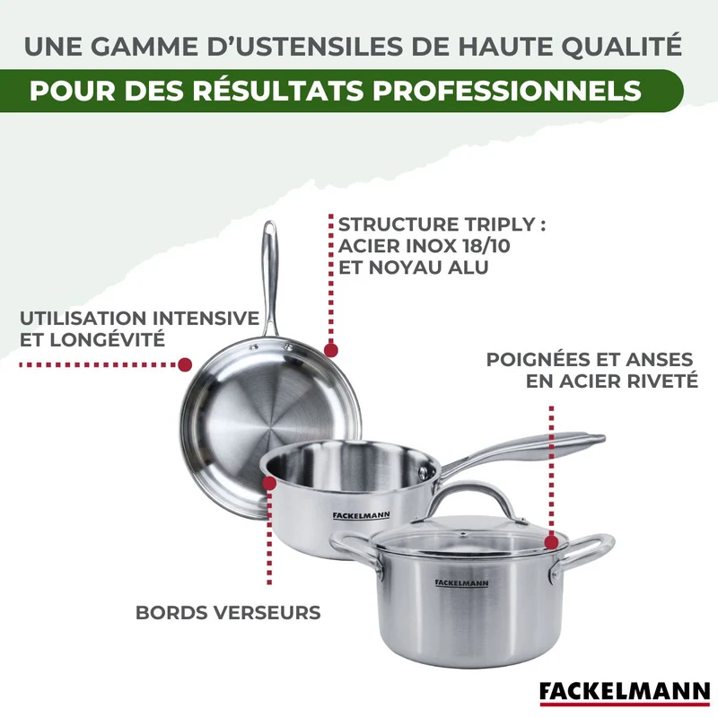 Batterie de cuisine avec 2 casseroles 14/18 cm 1 faitout 20 cm 2 poêles 24/26 cm et 2 ustensiles de cuisine sans PFAS Fackelmann Vita3
