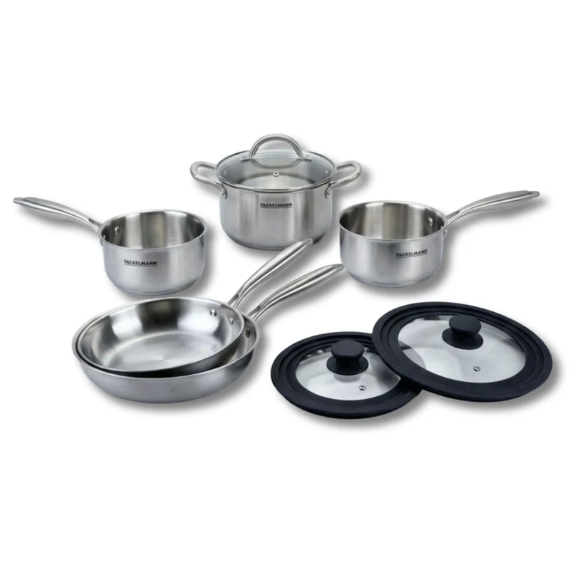 Batterie de cuisine avec 2 casseroles 14/18 cm 1 faitout 20 cm 2 poêles 24/26 cm et 2 ustensiles de cuisine sans PFAS Fackelmann Vita3