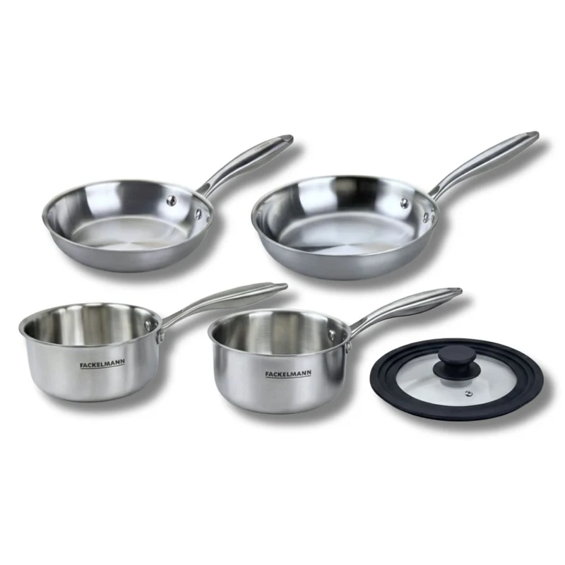 Poêles à Frire 20 et 24 cm Casseroles 14 et 18 cm inox 18/10 Triply et couvercle Fackelmann Vita3