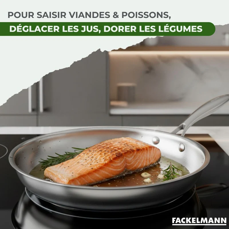 Poêle à Frire 26 cm et Gril 28 cm inox 18/10 Triply et couvercle Fackelmann Vita3