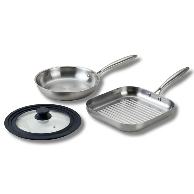 Poêle à Frire 26 cm et Gril 28 cm inox 18/10 Triply et couvercle Fackelmann Vita3