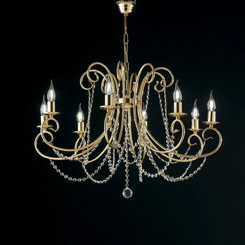 Lustre huit lumières en fer doré avec strass 74x h58 cm