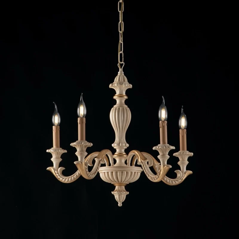 Lustre en bois ivoire et feuille d'or, cinq lumières, 53x h57 cm