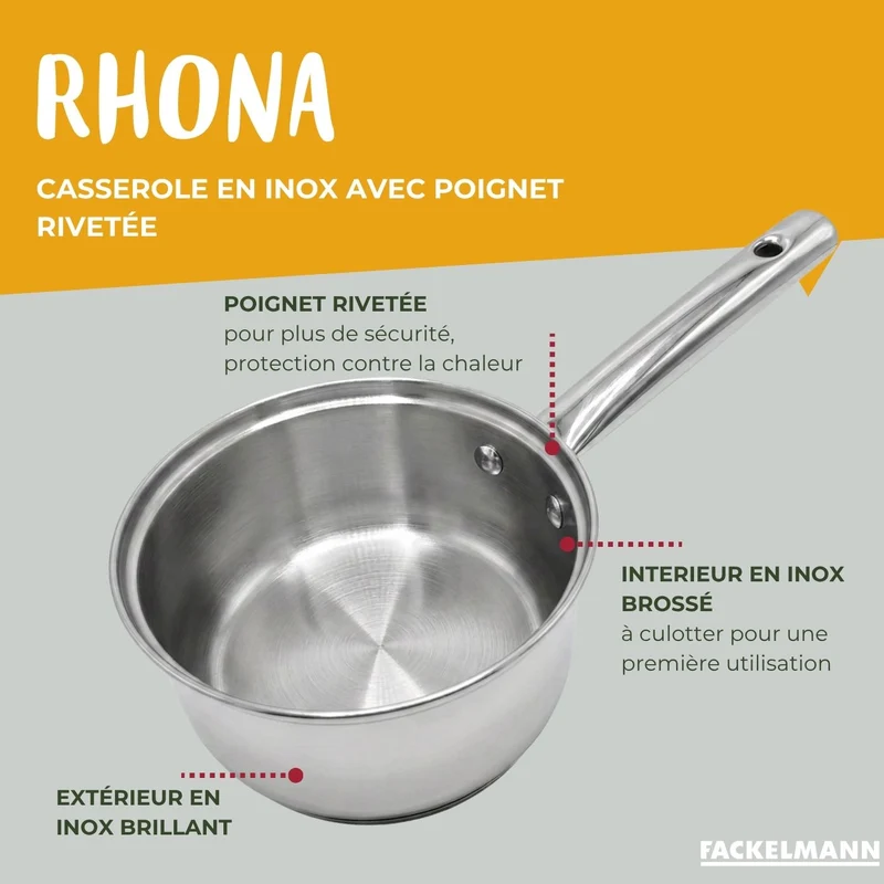 Lot de 4 casseroles 16/18/20/22 cm et poêle en inox 24 cm avec couvercle Fackelmann Rhona