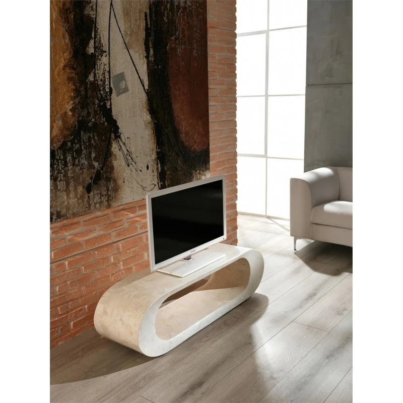 Table meuble TV moderne en pierre beige 130 x 35 x h 35 cm