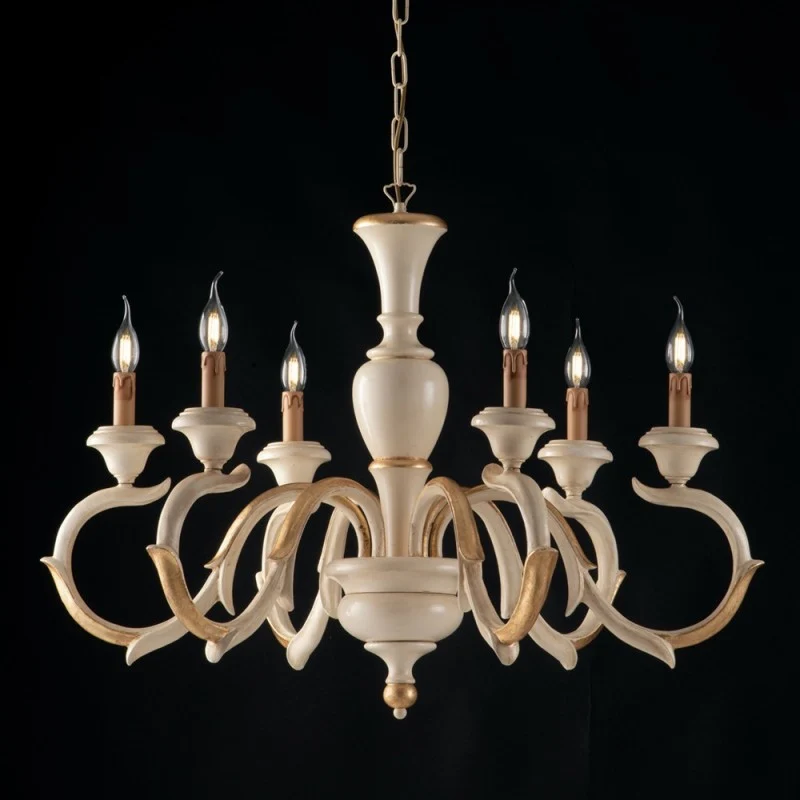 Lustre en bois ivoire et feuille d'or à six lumières 91x h65 cm