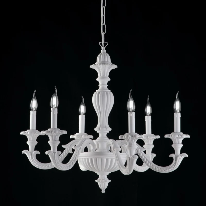 Lustre shabby blanc en bois et pâte de bois à 6 lumières