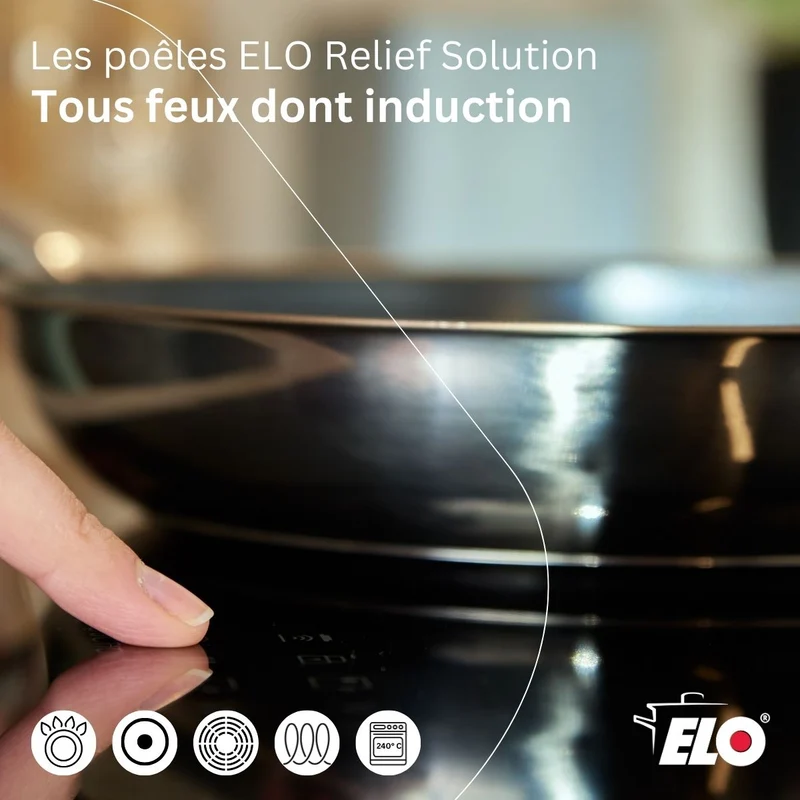 Batterie de cuisine avec 2 poêles de cuisson 24/32 cm et 1 faitout 12 cm en acier inoxydable sans PFAS Elo Collection Relief Solution Brillant
