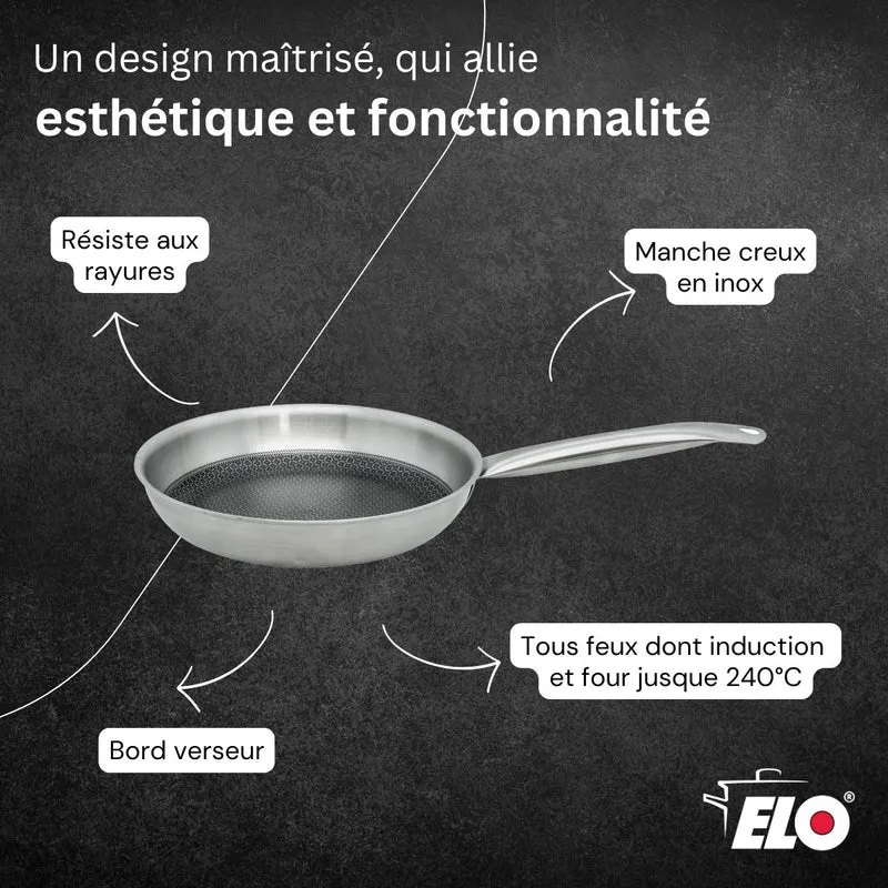 Batterie de cuisine avec 1 poêle de cuisson 32 cm et 1 faitout 20 cm en acier inoxydable sans PFAS Elo Collection Relief Solution Brillant