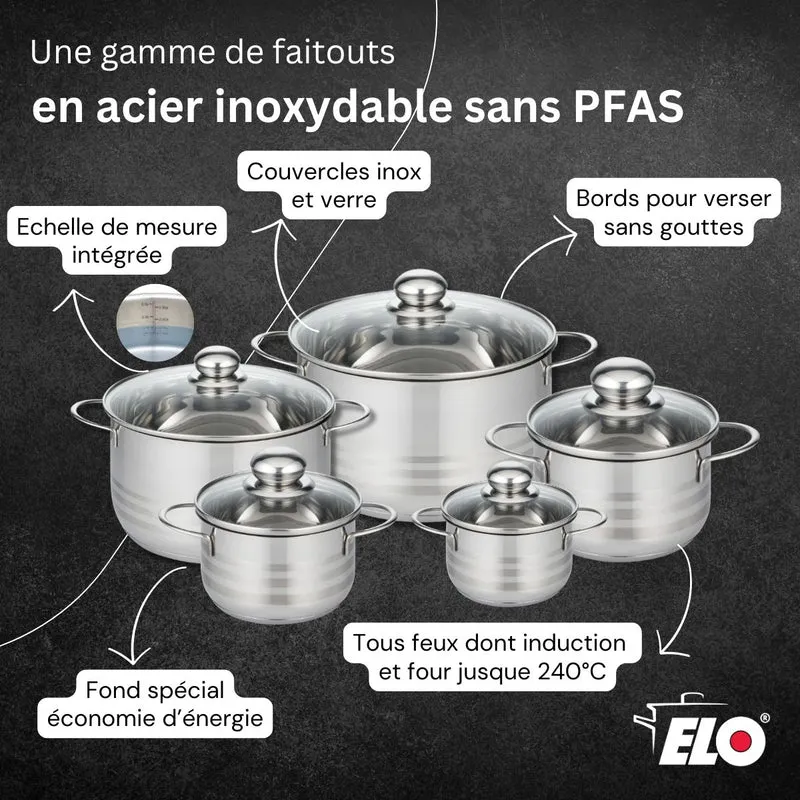 Batterie de cuisine avec 1 poêle de cuisson 32 cm et 1 faitout 20 cm en acier inoxydable sans PFAS Elo Collection Relief Solution Brillant