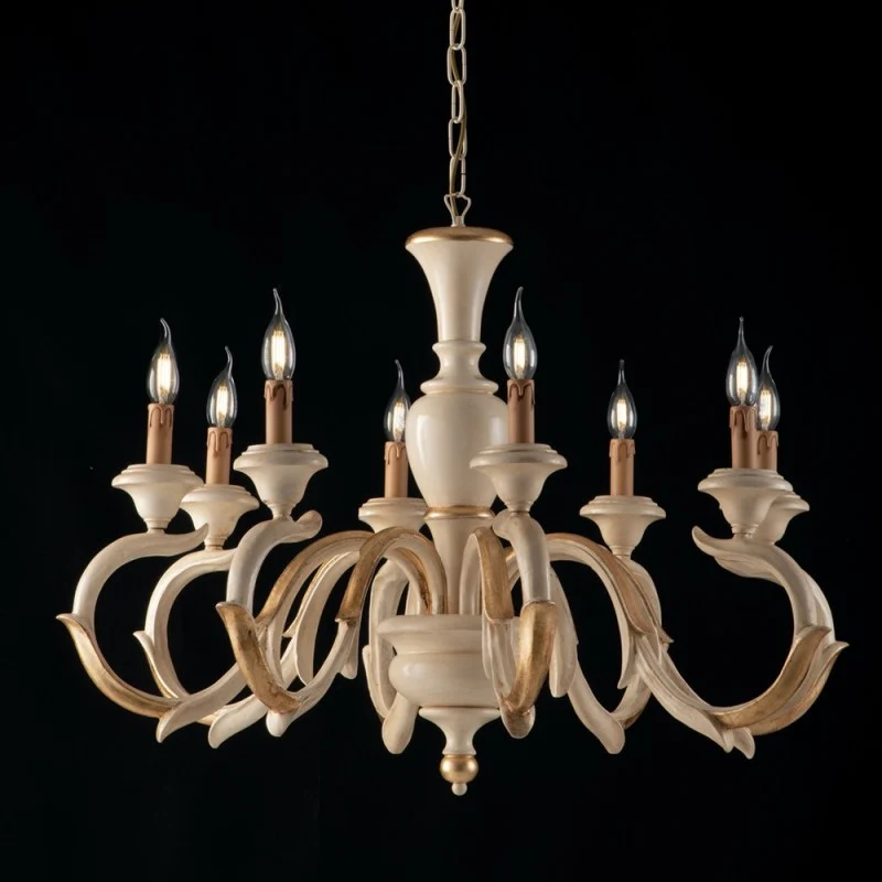 Lustre en bois Ivoire et Feuille d'Or à huit lumières 93x h65 cm