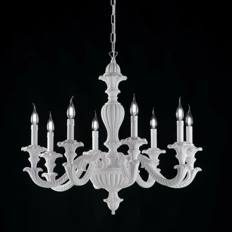 Lustre Empire en bois et pâte de bois blanc shabby 8 lumières