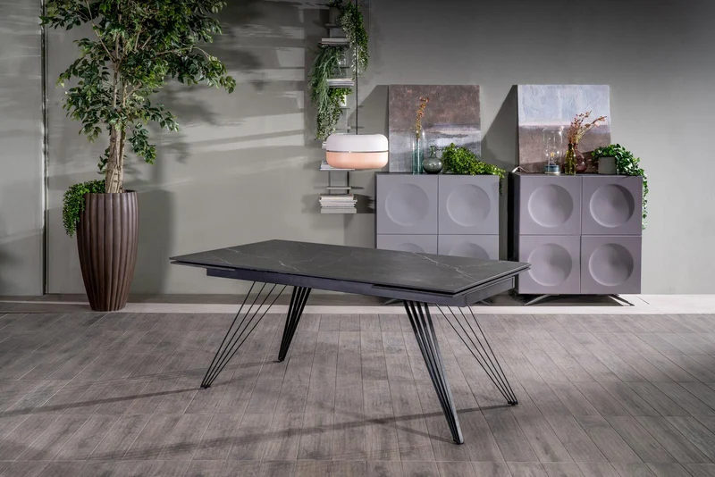 Table extensible noir mat avec pieds en V, 90x160-240x76 cm